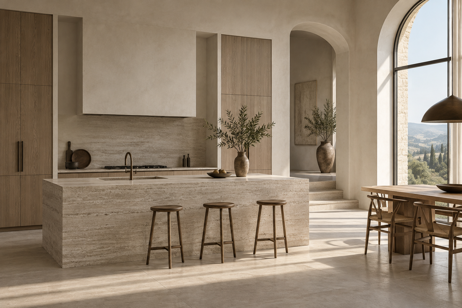 Concept illustrativo: interno con isola in travertino, rovere e luce naturale